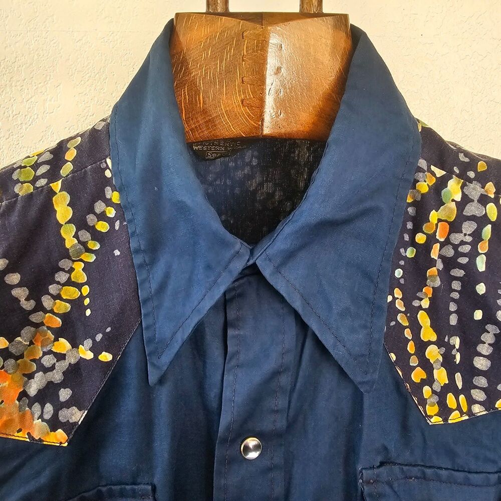 Vintage 70s Sears Pearl Snap Shirt Psychedelic Pattern Western Yoke Navy L